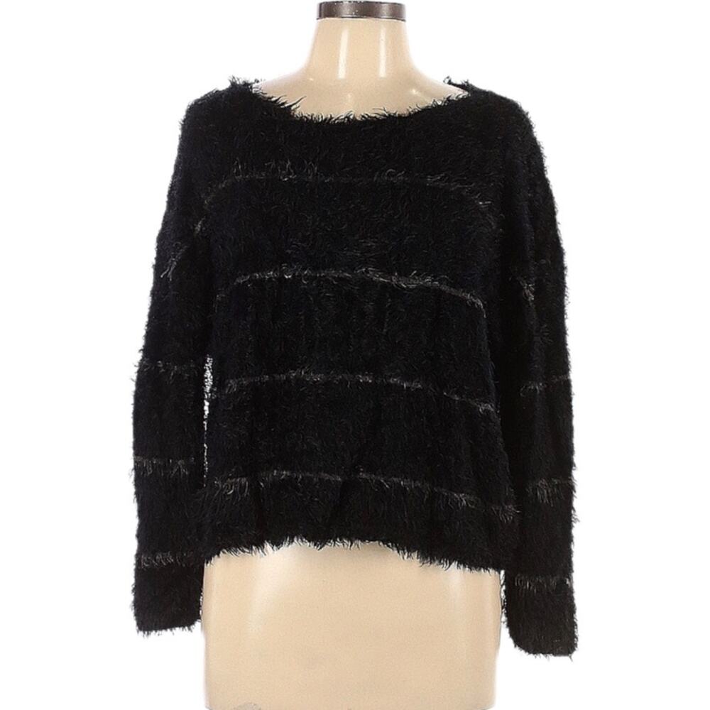Rusty Eyelash Sweater Black Striped Fuzzy‎ Knit Crew Neck Cropped Women's 10